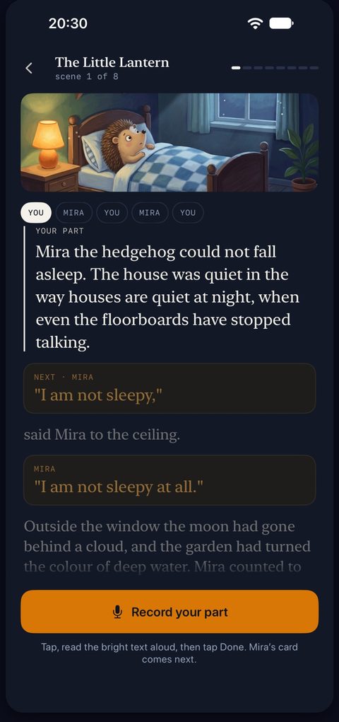 Nanuli recording screen: the story text with the child's line highlighted.