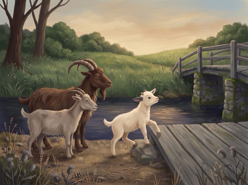Three goats stand by a river at dusk, a big brown one, a grey one and a small white one, as the small white goat steps onto an old wooden bridge.