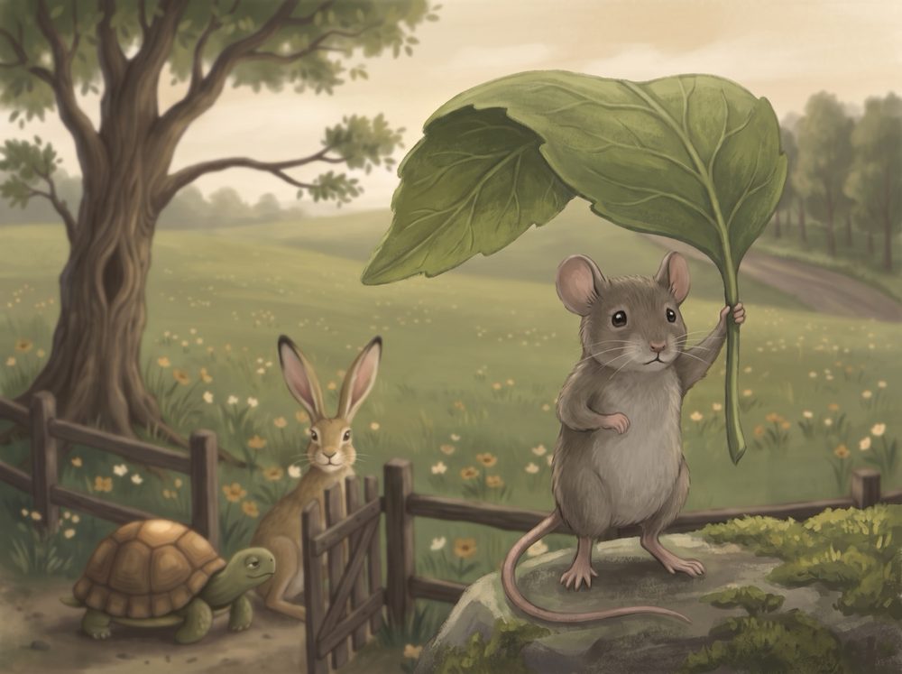 A small grey mouse stands on a mossy stone holding a huge green leaf over its head like a flag, with a hare behind a gate and a tortoise waiting beside it.