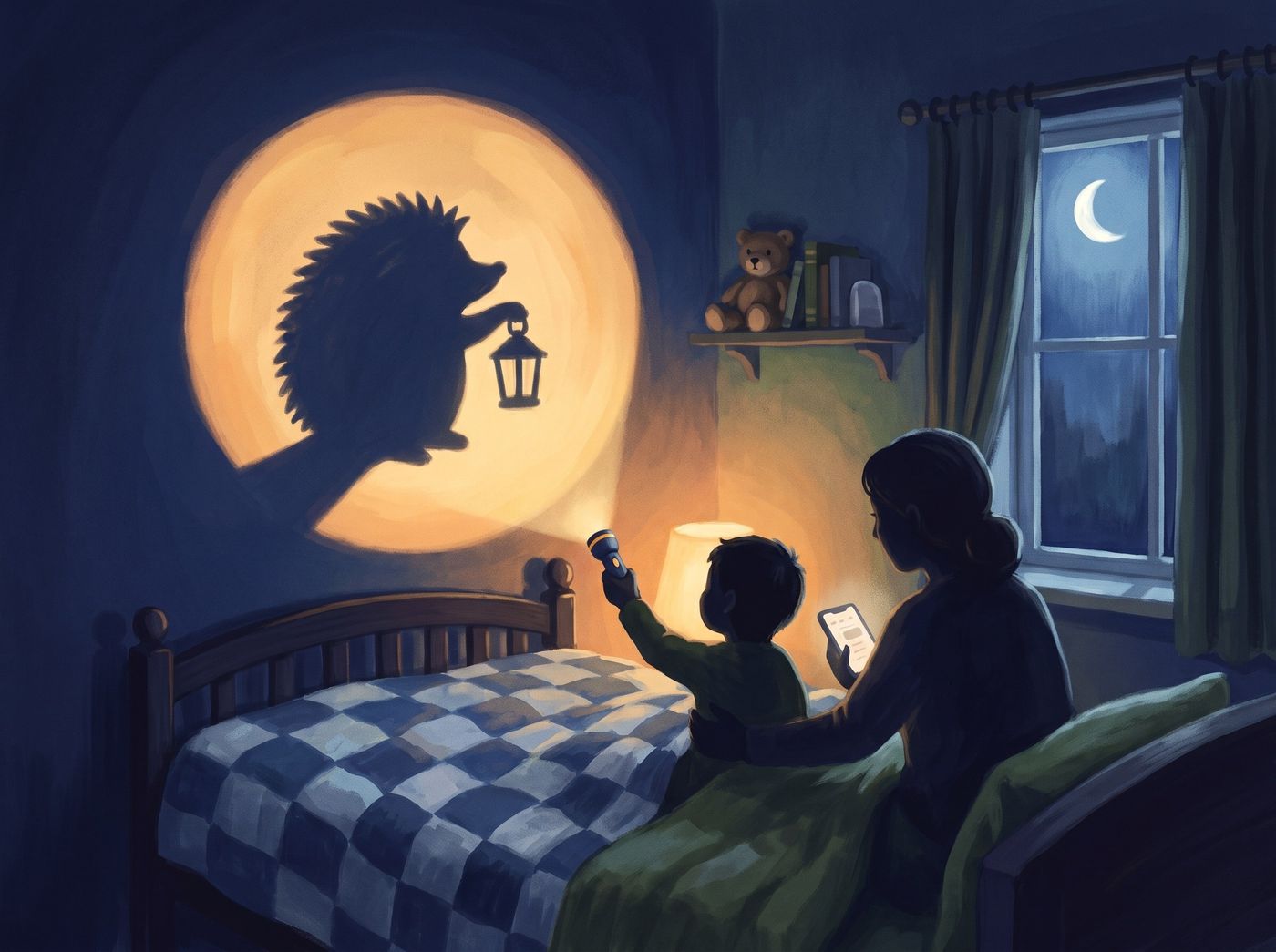 A child shines a flashlight at the bedroom wall, where the shadow of a hedgehog holding a lantern appears. A parent sits beside them with a phone.