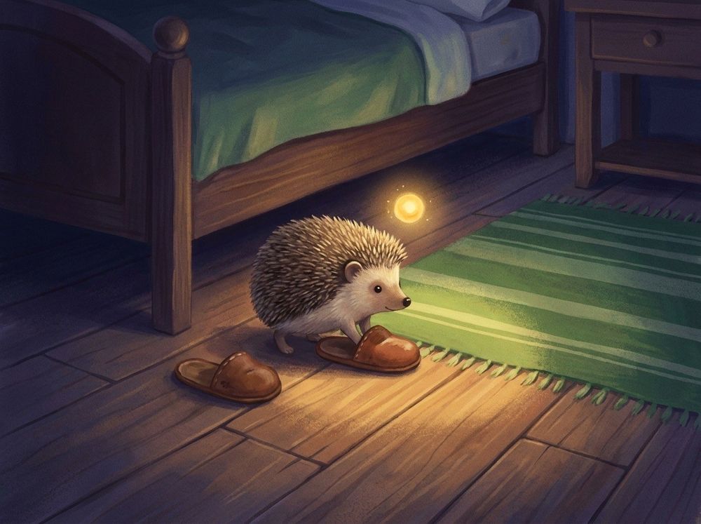 A hedgehog by a bed at night, from The Little Lantern.