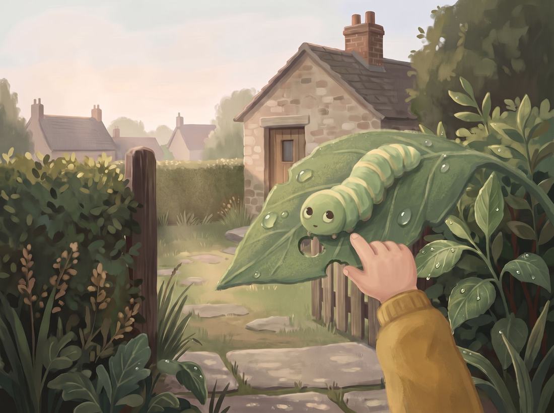 A child’s hand reaches toward a green caterpillar on a big leaf by the garden gate.