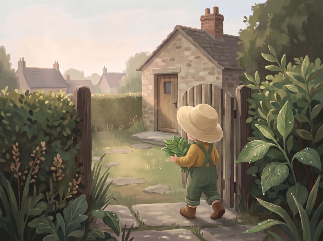 The child carries a bunch of fresh leaves through the garden gate.