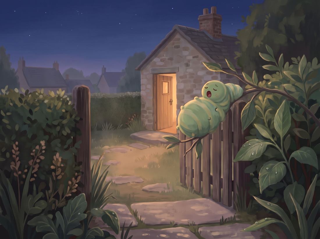 At dusk the caterpillar yawns on a twig by the gate.