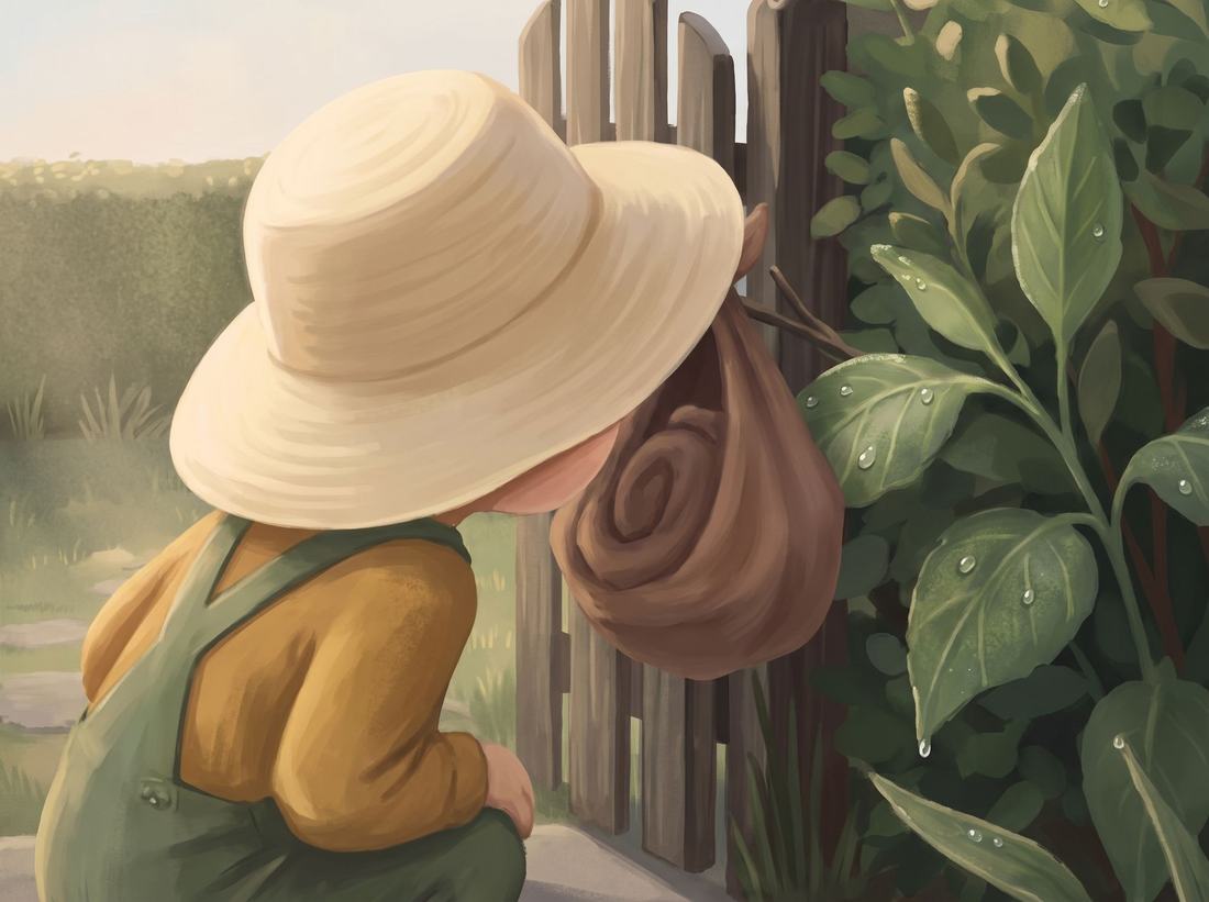 The child leans close to the brown bundle hanging by the gate.