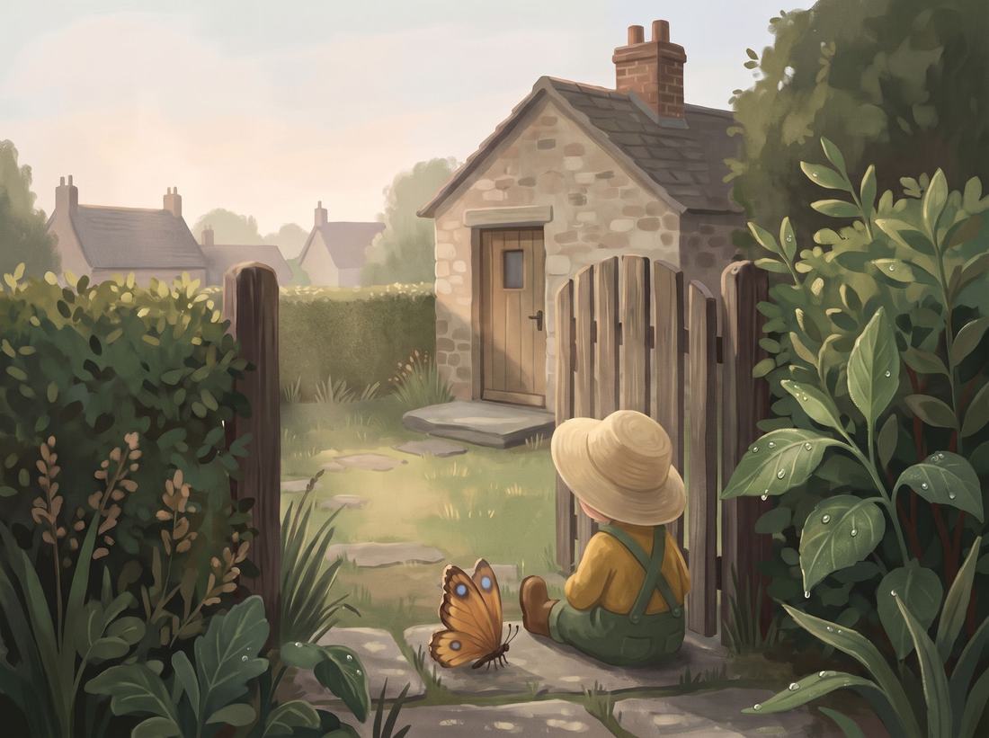 The new butterfly dries its wings beside the child by the gate.