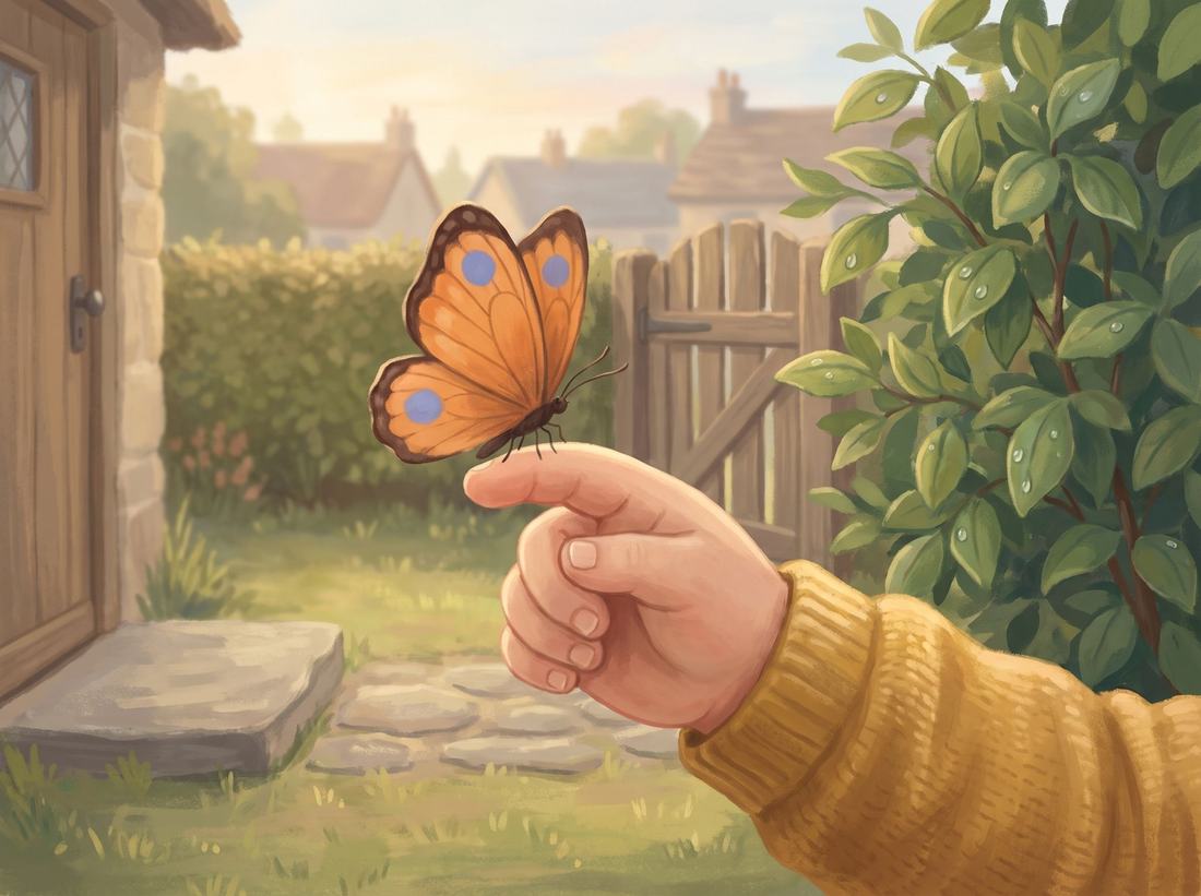 An orange butterfly with blue spots stands on a child’s finger.