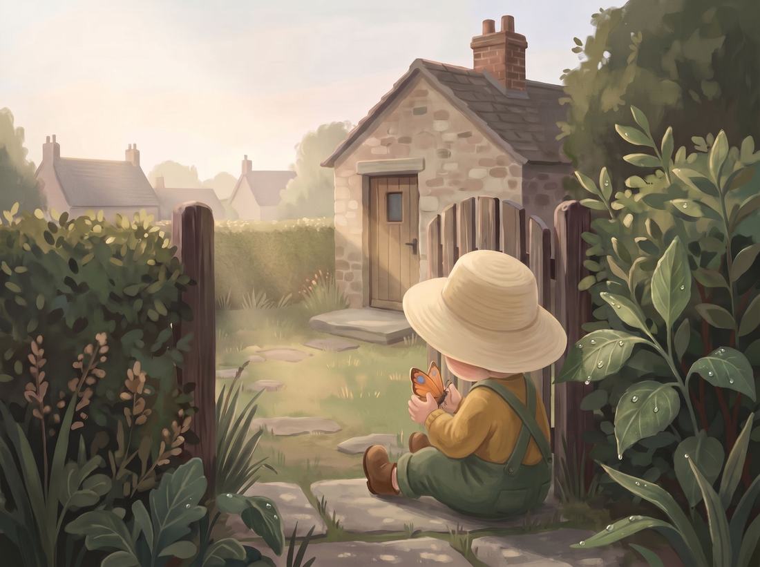 The child sits by the gate with the butterfly on one hand.