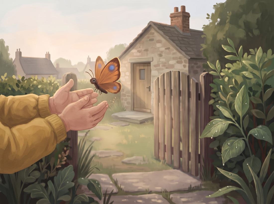The child opens both hands and the butterfly lifts off.