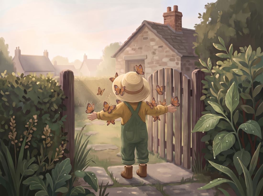 The child stands with arms out, covered in orange butterflies.