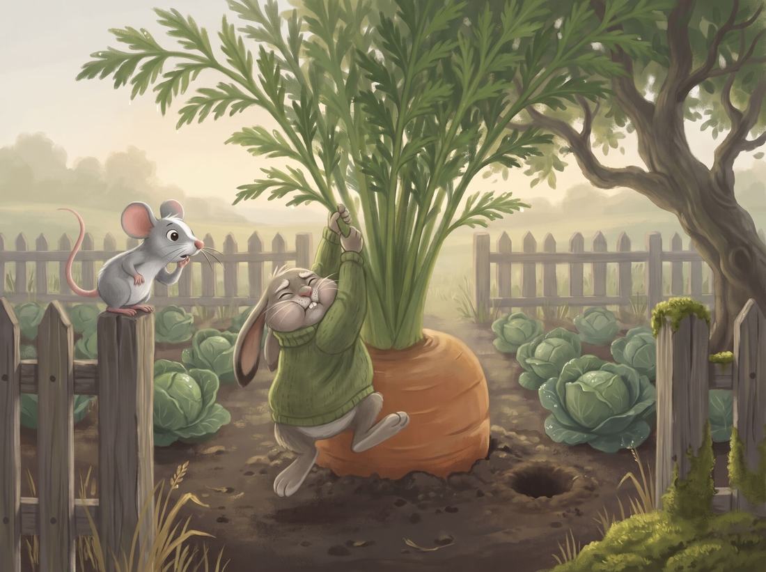 Grandpa, a rabbit in a green sweater, hangs from the giant carrot’s leaves while the little mouse watches from the fence.
