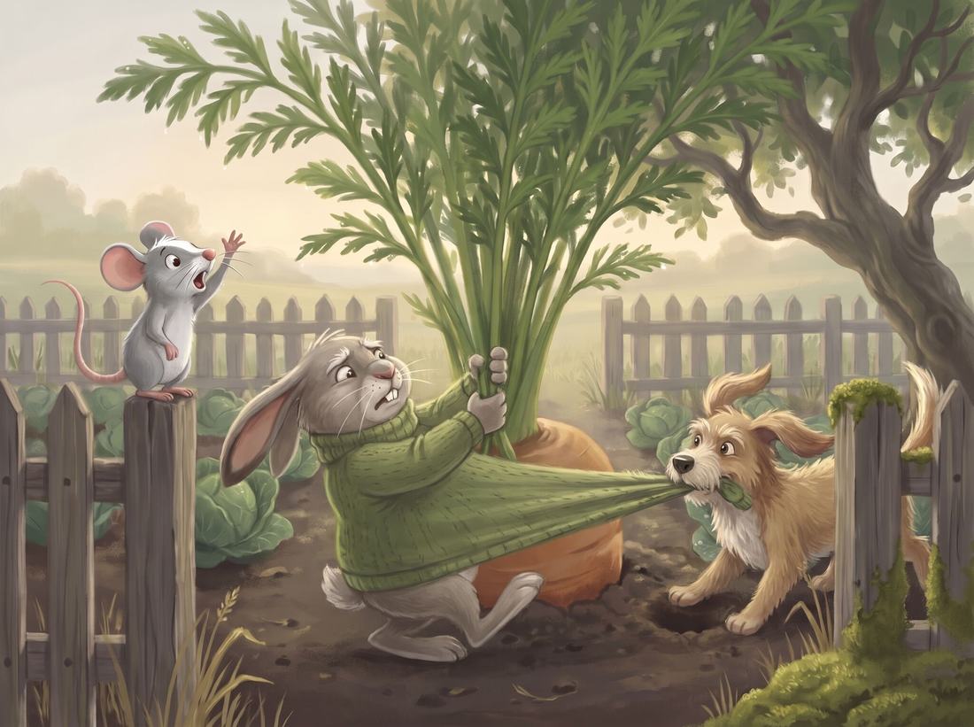 The dog tugs Grandpa’s sweater as Grandpa pulls the leaves and the mouse cheers from the fence post.