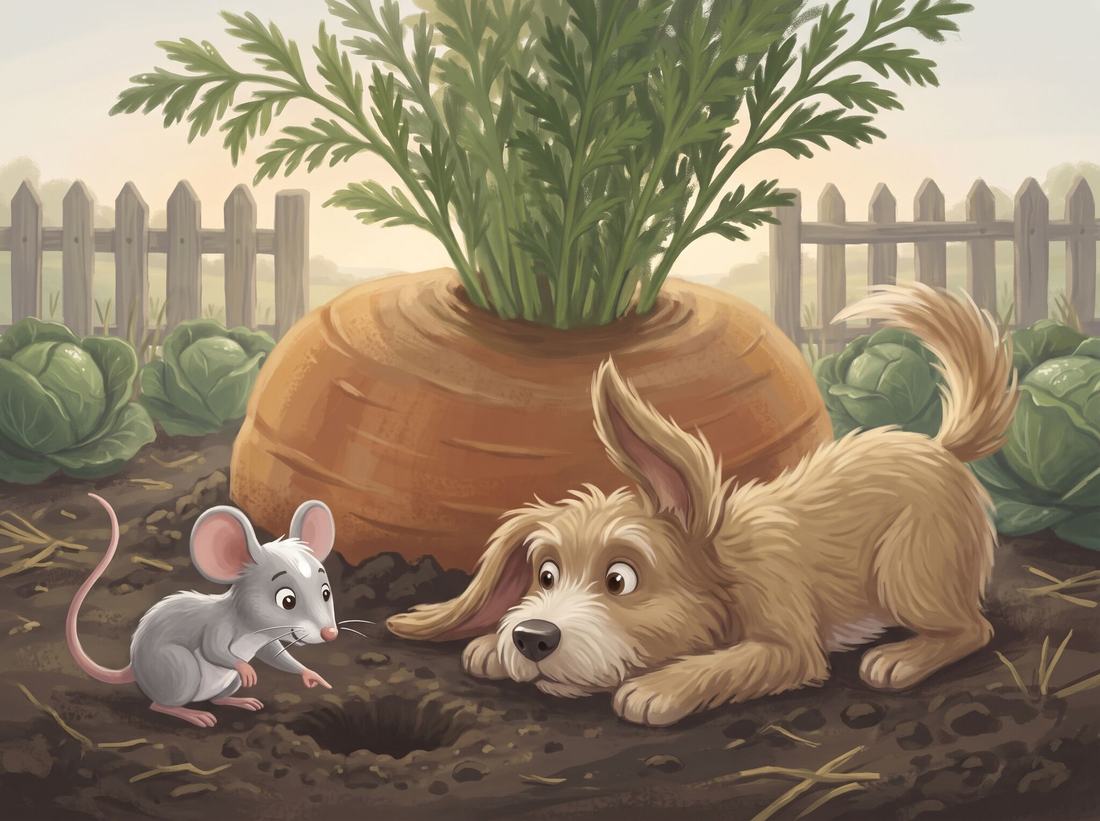 The little mouse and the dog listen at a hole beside an enormous carrot.