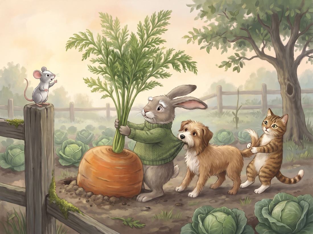 Grandpa, the dog and the cat pull in a line like a little train, while the mouse counts from the fence post.