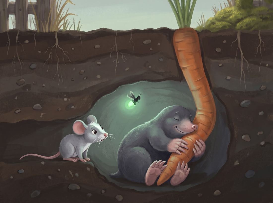Underground, by a firefly’s green glow, the mouse finds a mole asleep, hugging the tip of the carrot.