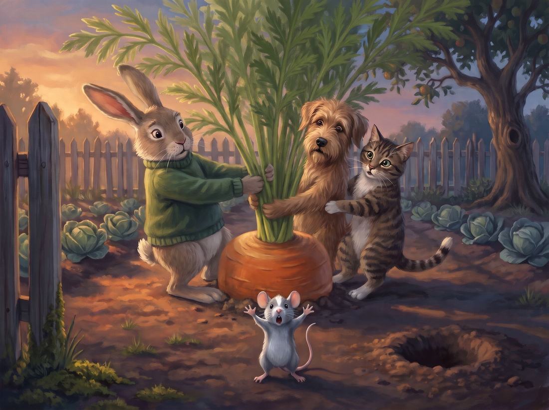 At sunset the mouse jumps in front of Grandpa, the dog and the cat to stop the big pull.