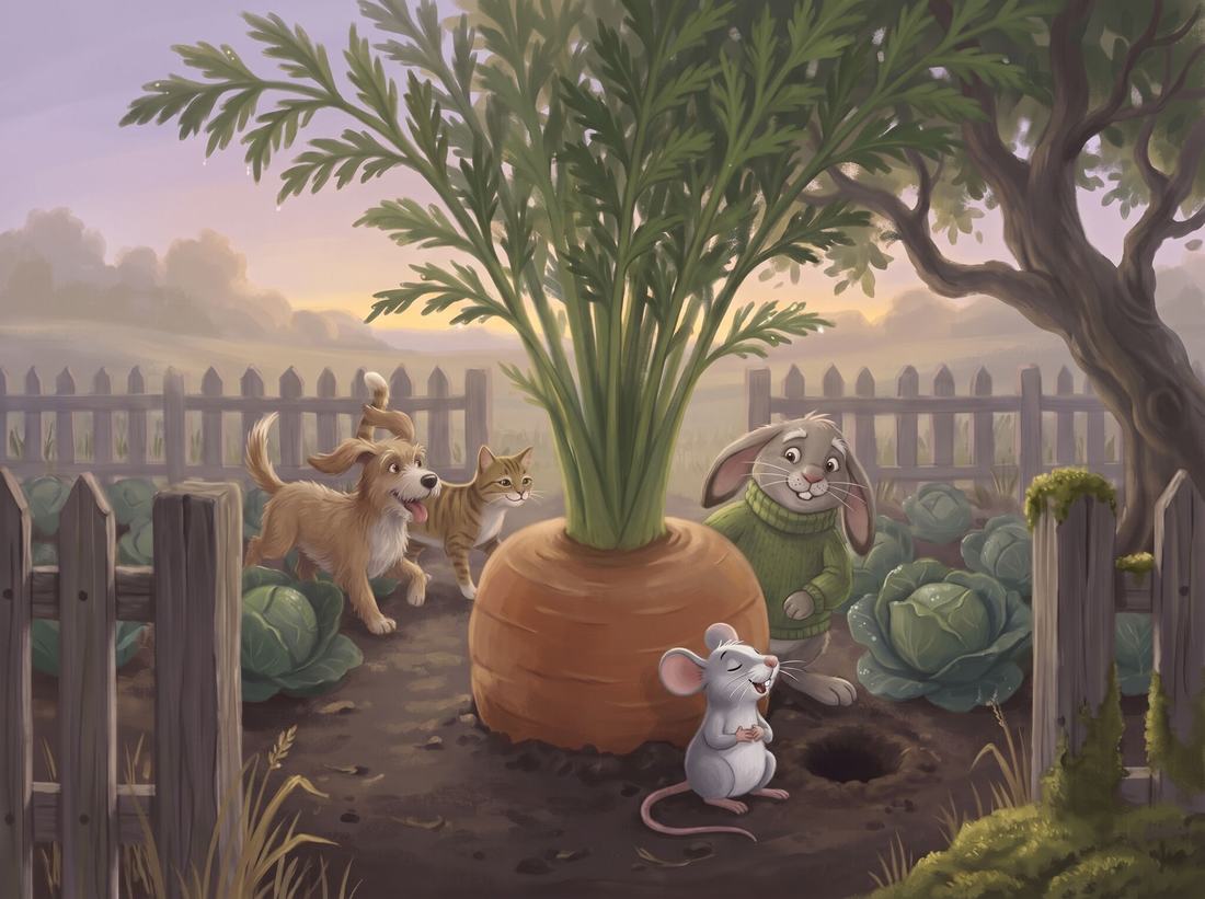 The mouse sits by the hole while the others tiptoe closer to the carrot.