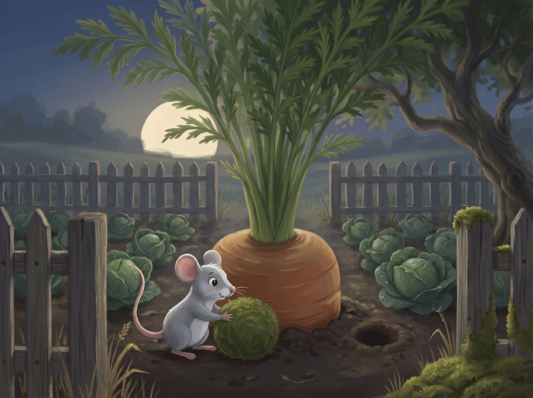 Under the moon, the mouse pushes a ball of soft green moss toward the hole.