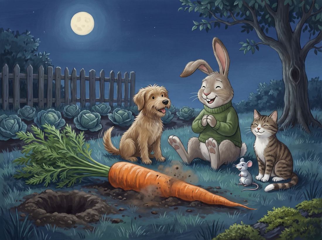 The carrot lies on the grass under the moon while Grandpa, the dog, the cat and the mouse sit beside it.