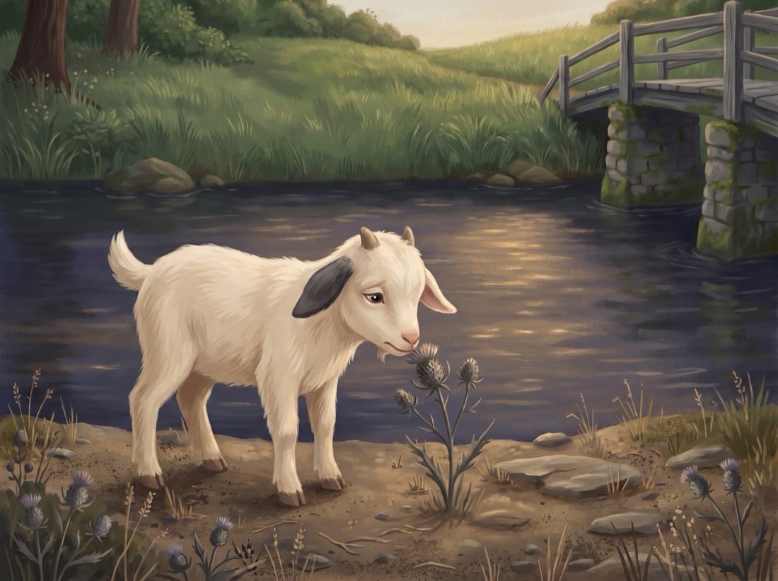 On the dusty bank the smallest goat sniffs a thistle, with the green meadow across the river.