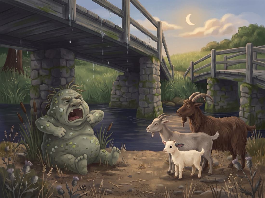 Under the old wooden bridge a mossy green troll yawns while the three goats watch.