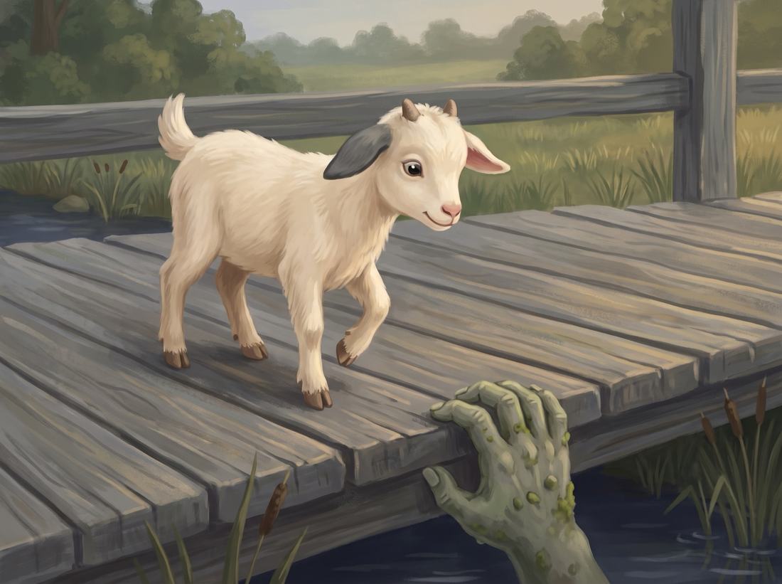 The smallest goat steps across the wooden bridge as a green troll hand grips the edge.