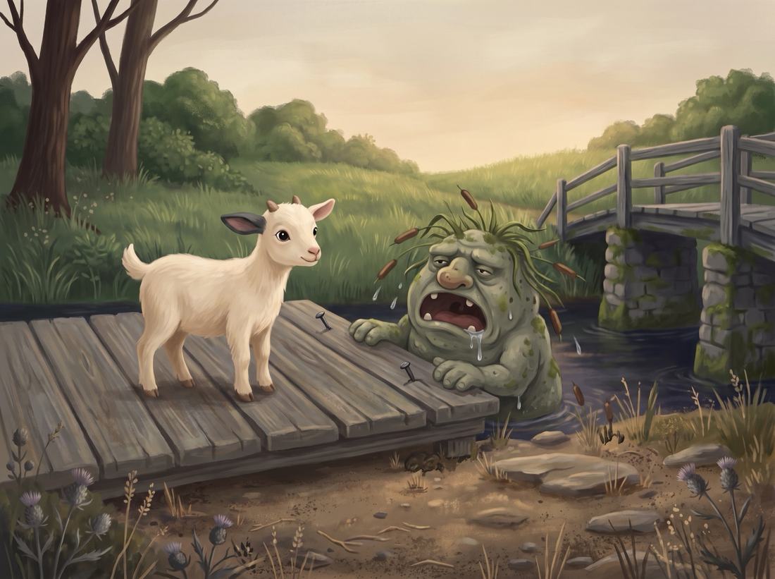 The troll roars up over the edge of the bridge at the smallest goat.