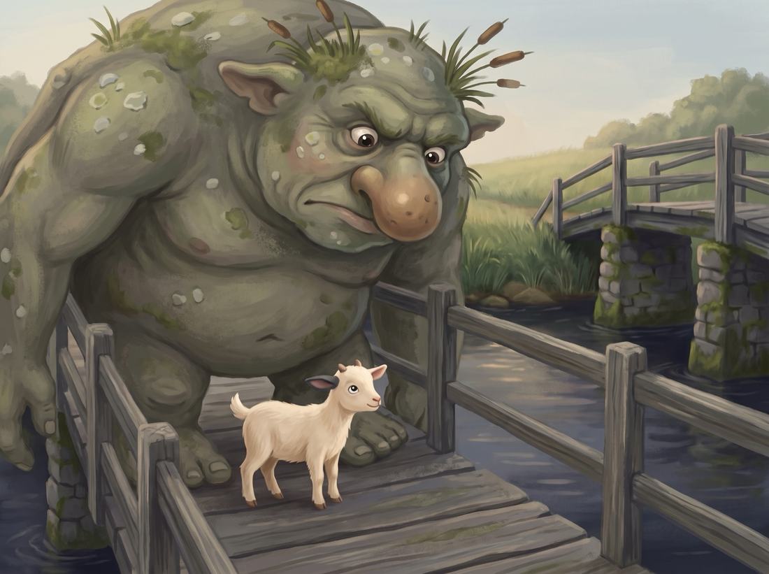 A huge mossy troll leans over the old bridge and stares at the tiny goat.