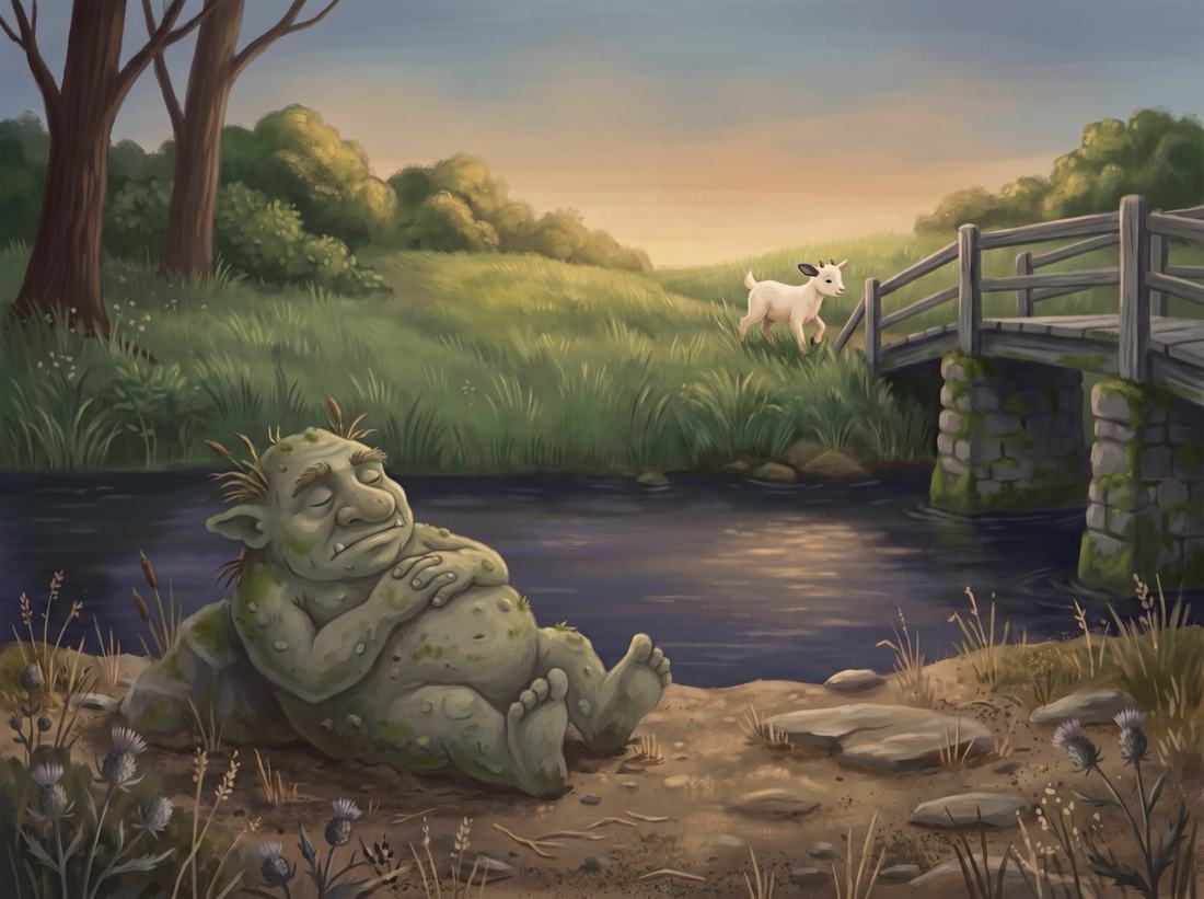 The troll lies back down by the river while the smallest goat reaches the far bank.