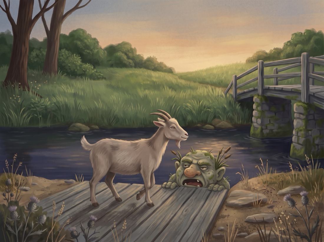 The middle goat crosses the bridge as the troll peeks over the planks.