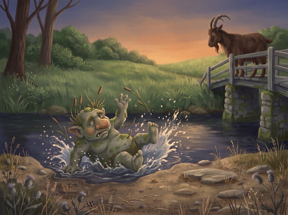 The troll splashes into the river while the big goat stands on the bridge.