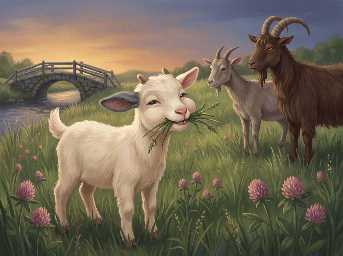 The smallest goat munches green grass among clover, with the two bigger goats behind.