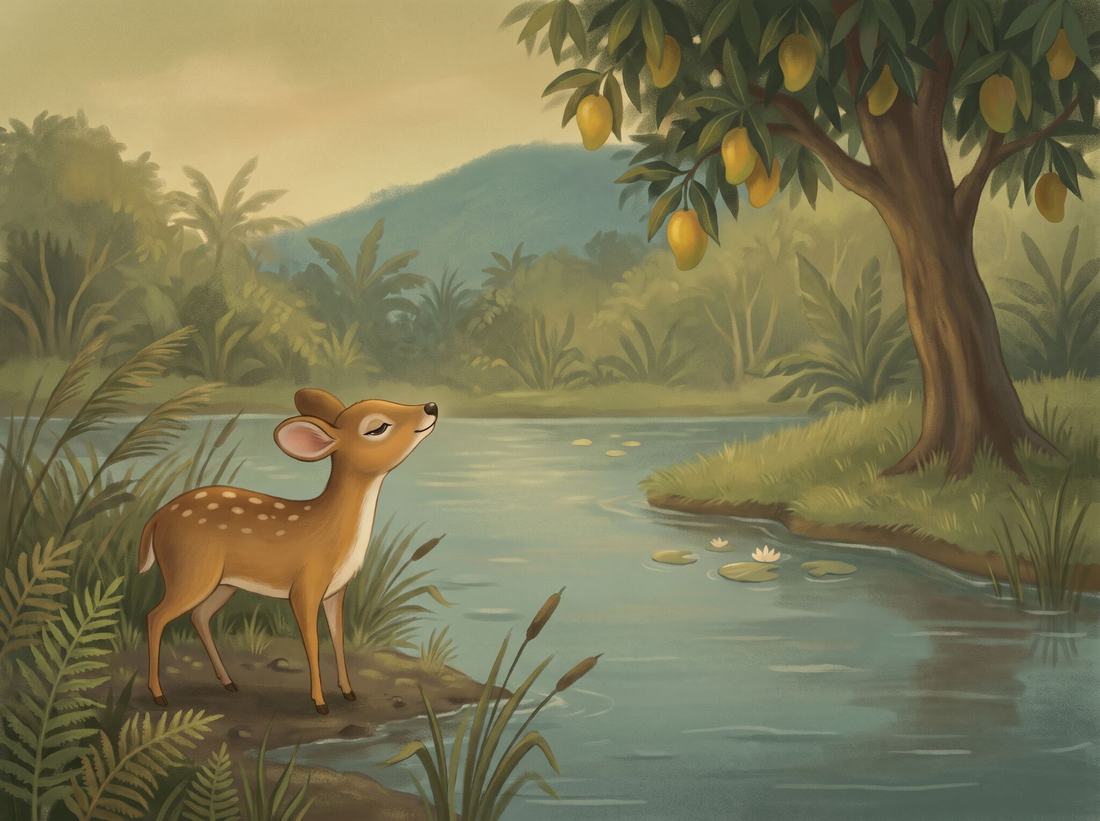 A little spotted deer lifts its nose on the riverbank, with a mango tree on the far side.
