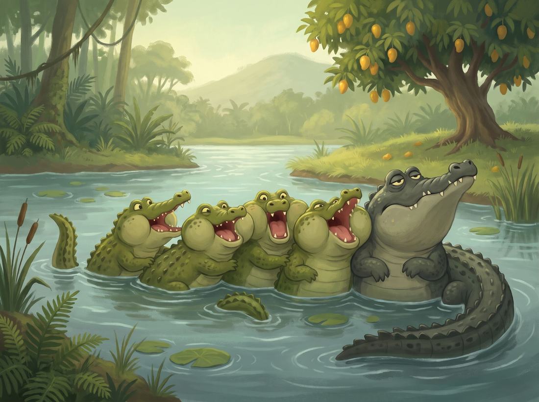 Five crocodiles rise out of the river, all shouting at once.
