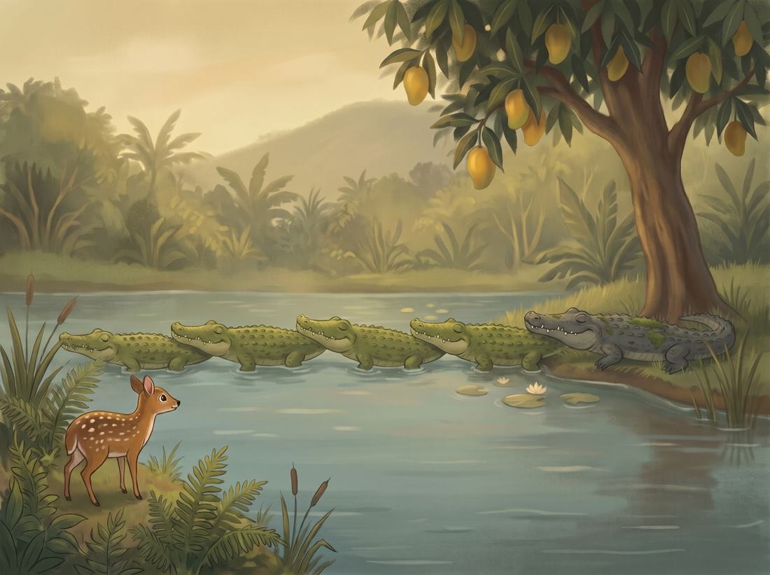 The crocodiles lie nose to tail across the river while the little deer watches from the bank.