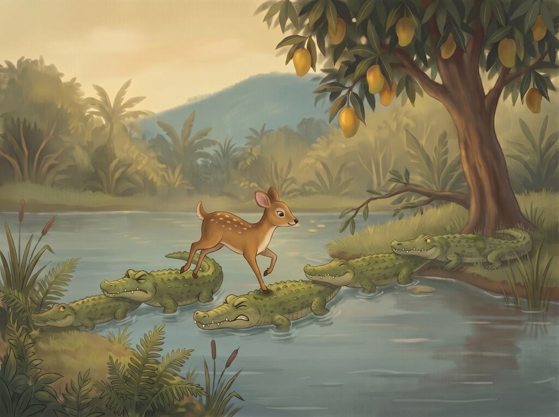 The little deer hops from one crocodile’s back to the next.