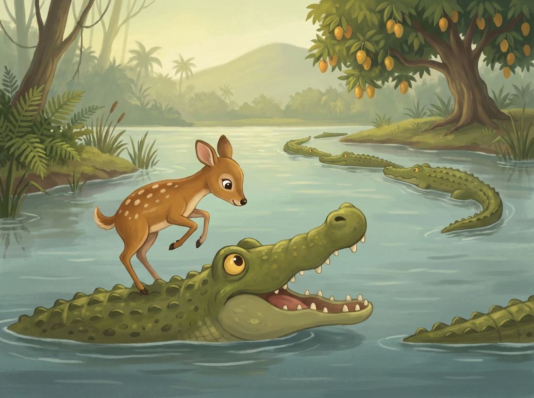 The little deer stands on a crocodile’s back as the crocodile looks up with its mouth open.