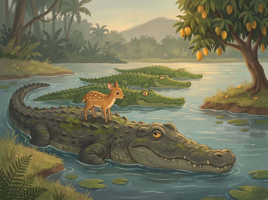 A little spotted deer stands on the back of a big crocodile in the river.