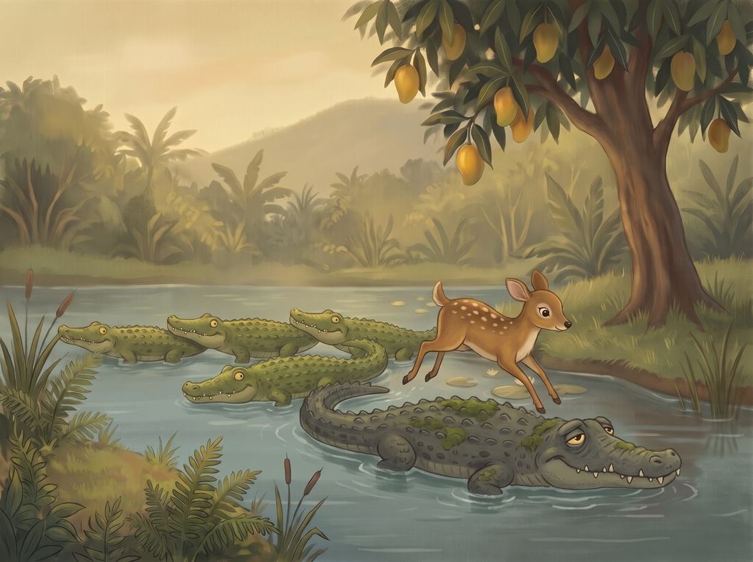 The little deer springs from the oldest crocodile onto the far bank.