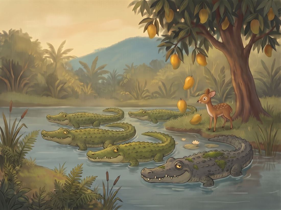 Golden mangoes drop from the tree as the little deer stands on the bank above the crocodiles.