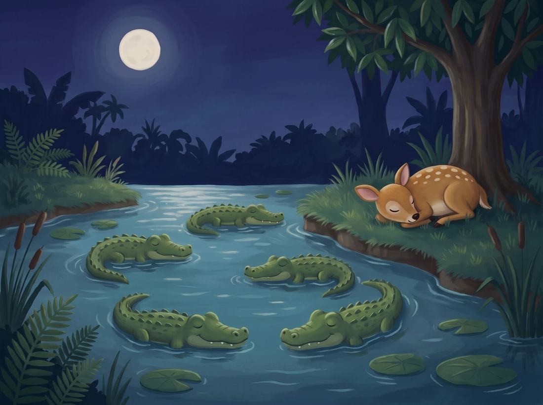 Under the moon, the little deer sleeps under the mango tree while the crocodiles float in the river.