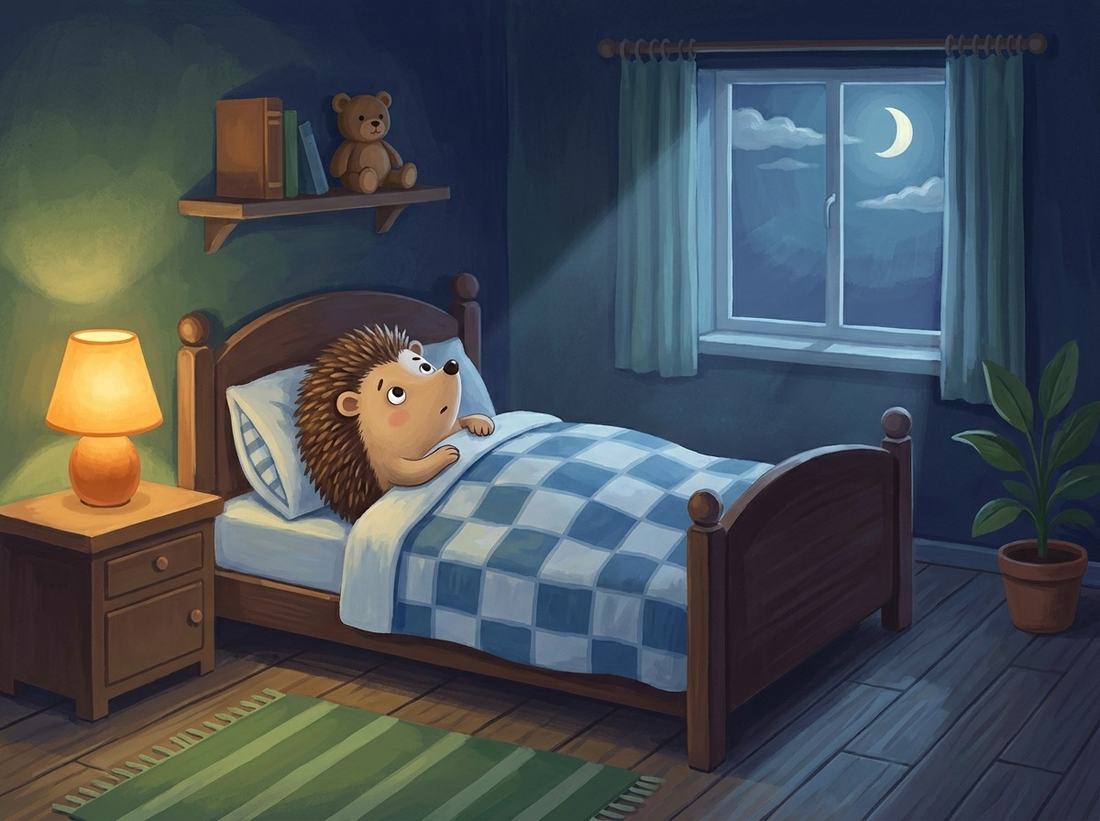 A little hedgehog lies wide awake in bed under a checked blanket, with the moon in the window.