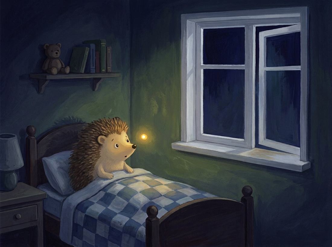A tiny golden light floats in through the open window as the hedgehog sits up in bed.