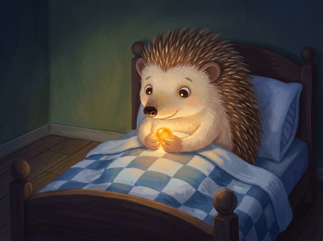 A little hedgehog sits in bed holding a tiny golden light in both paws.