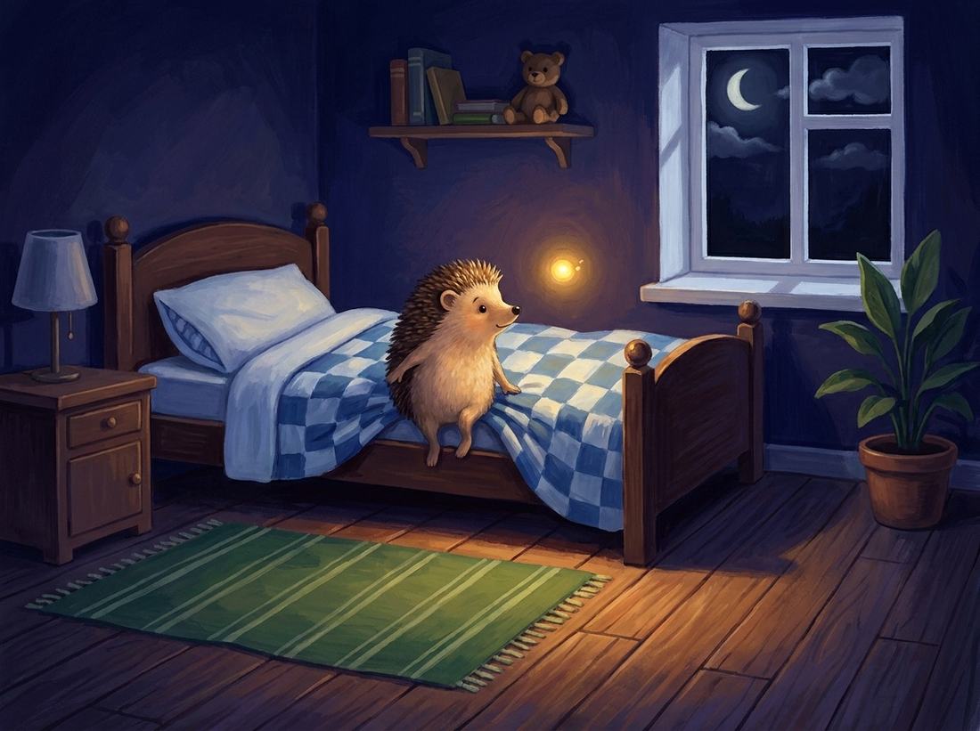 The hedgehog sits on the edge of the bed, ready to go out, with the little light beside it.