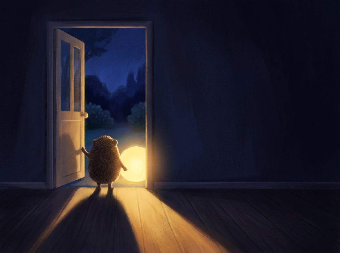 The hedgehog opens the back door onto the dark garden, the little light glowing at its side.