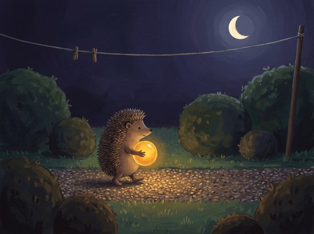 The hedgehog carries the light along the garden path under the washing line and the moon.