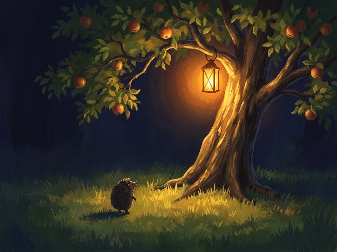 The lantern shines in the apple tree and turns the whole tree gold above the hedgehog.