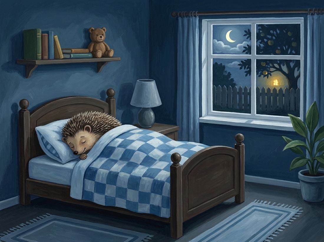 Back in bed, the hedgehog sleeps while the lantern glows in the apple tree outside the window.