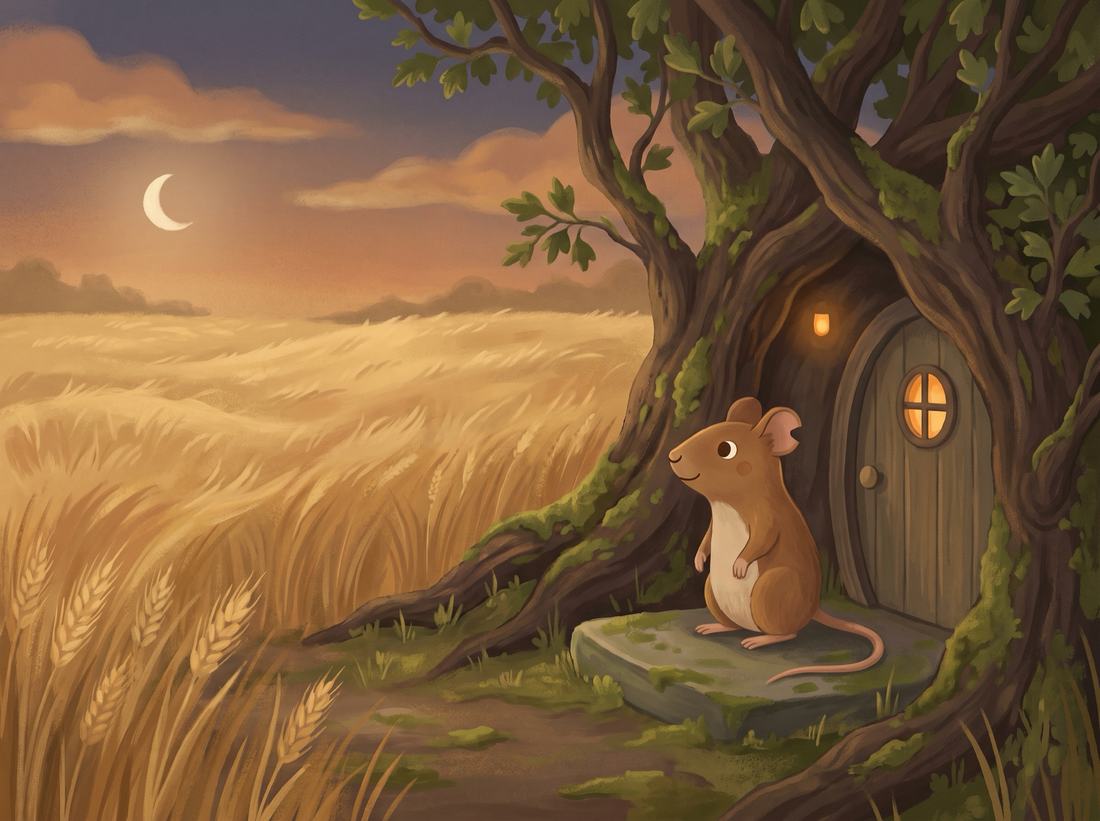 The country mouse stands at a little door under a hedge by a golden wheat field.